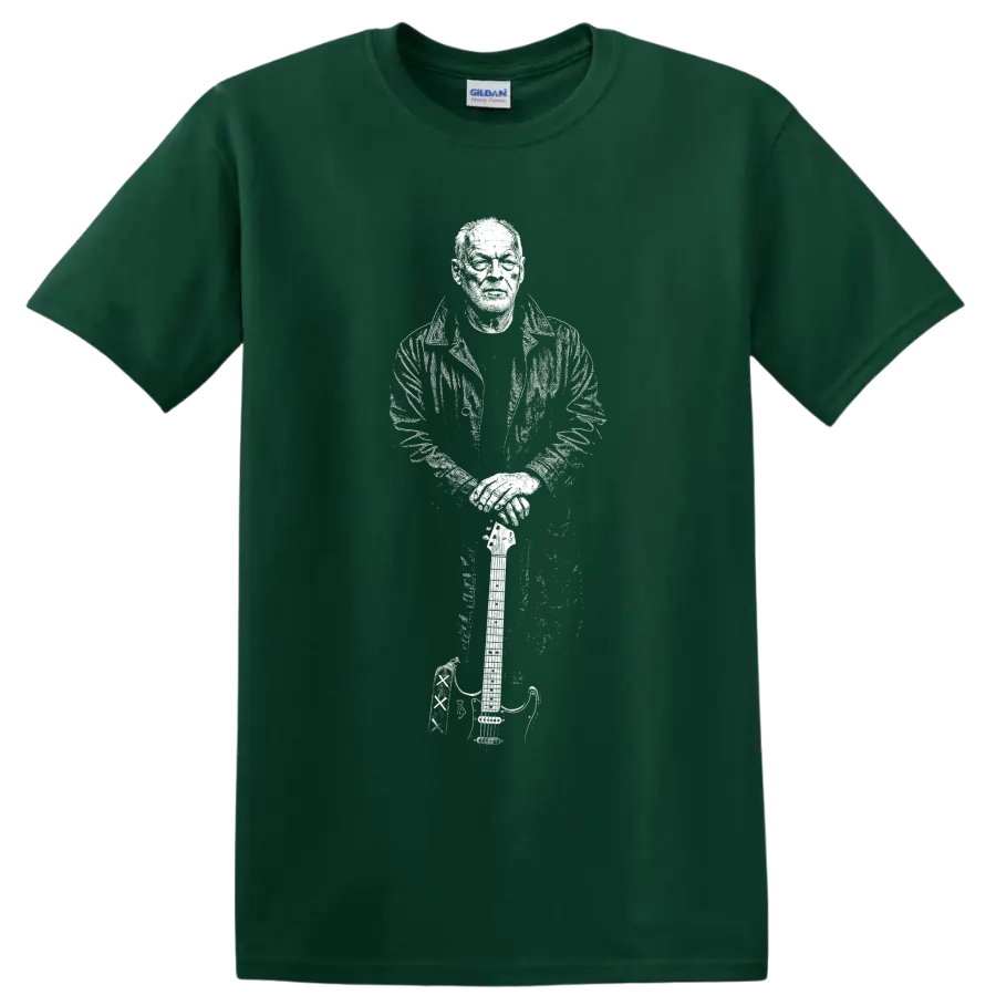 High-contrast David Gilmour guitarist portrait in a bold monochrome rock graphic style on a Forest Green T Shirt
