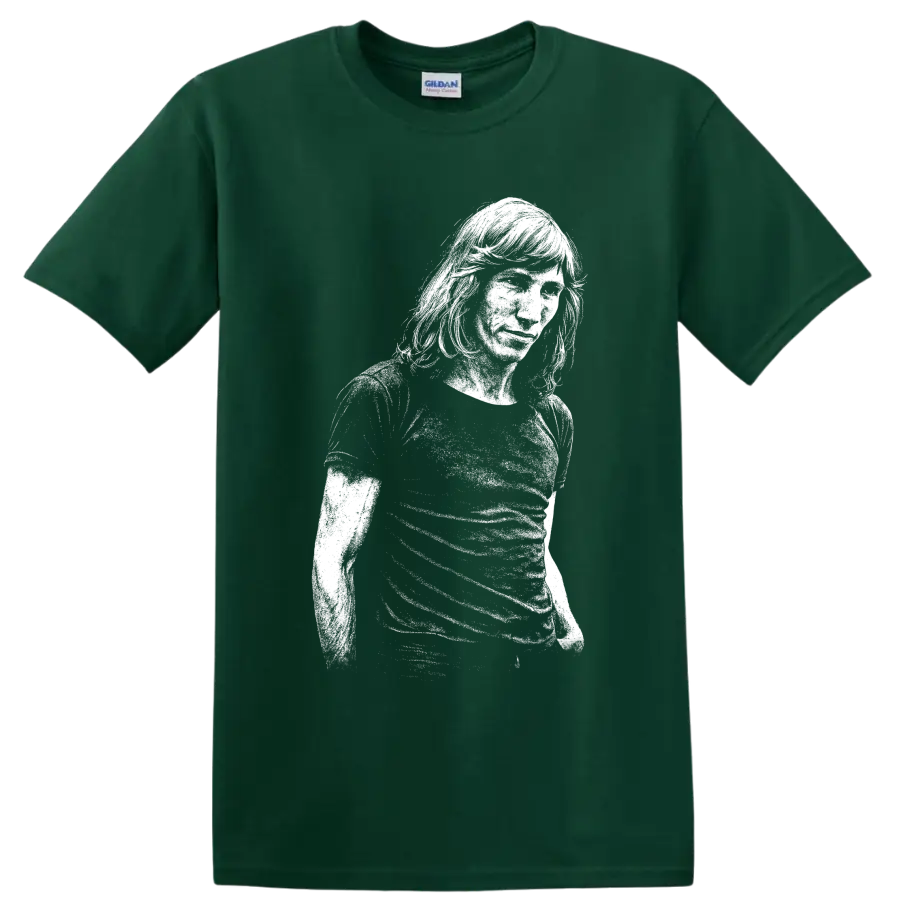 High-contrast Roger Waters Pink Floyd portrait with bass in vintage rock style on a Forest Green T Shirt