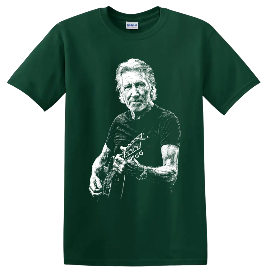 Monochrome Roger Waters Pink Floyd musician portrait holding an instrument on a Forest Green T Shirt