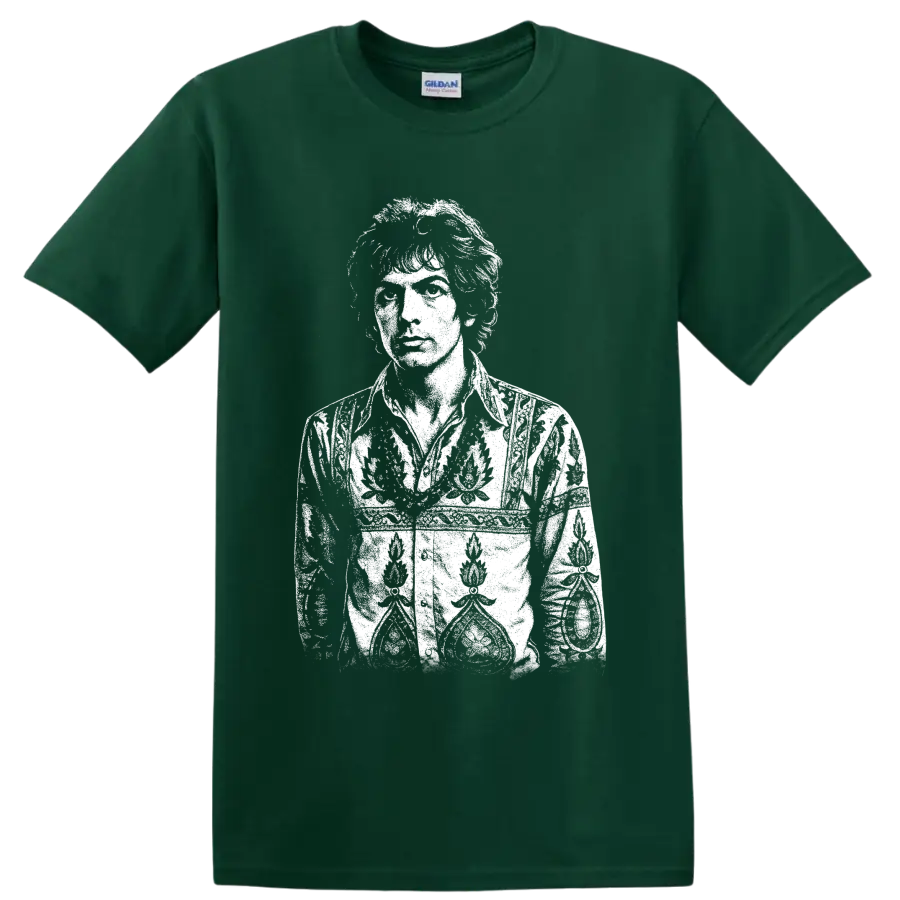 High-contrast black-and-white Mick Jagger portrait in a bold rock music graphic style on a Forest Green T Shirt