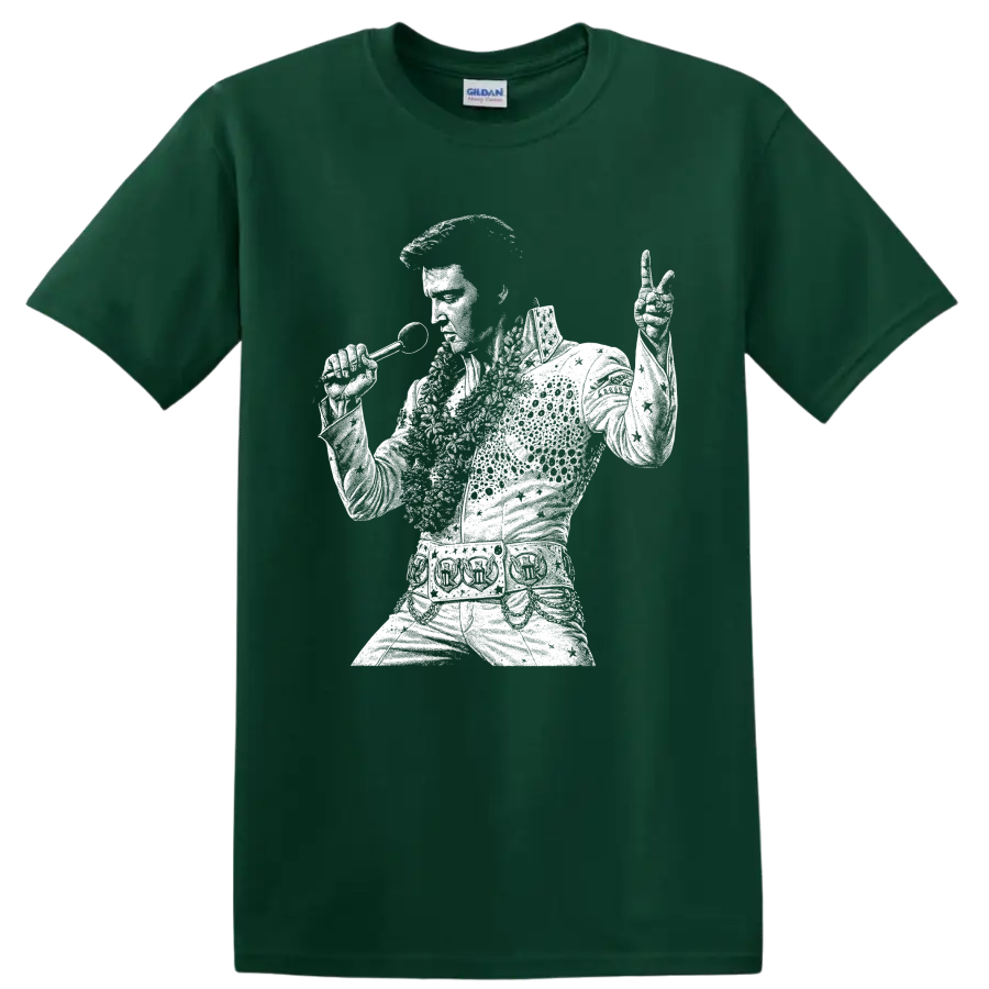 Elvis Presley performing with microphone in bold white rock and roll silhouette on a Forest Green T Shirt