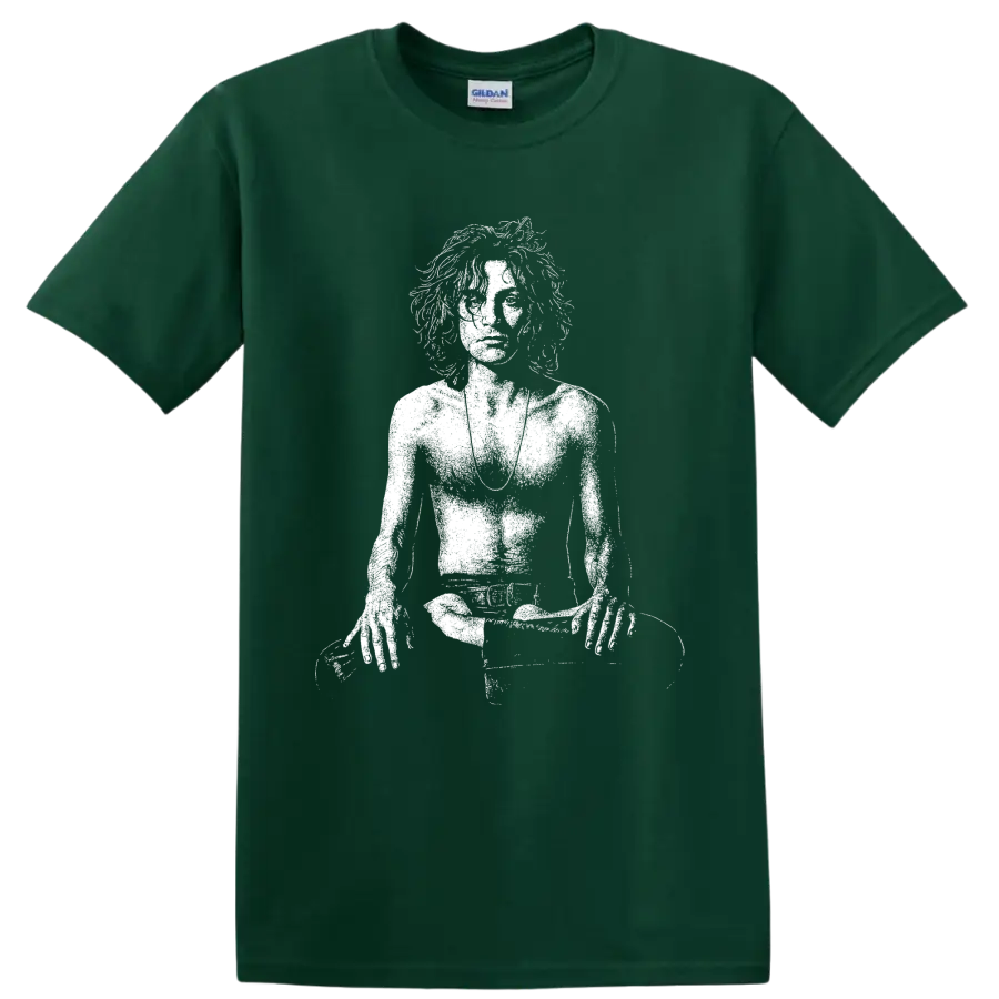 High-contrast Syd Barrett portrait graphic in a bold monochrome rock art style on a Forest Green T Shirt