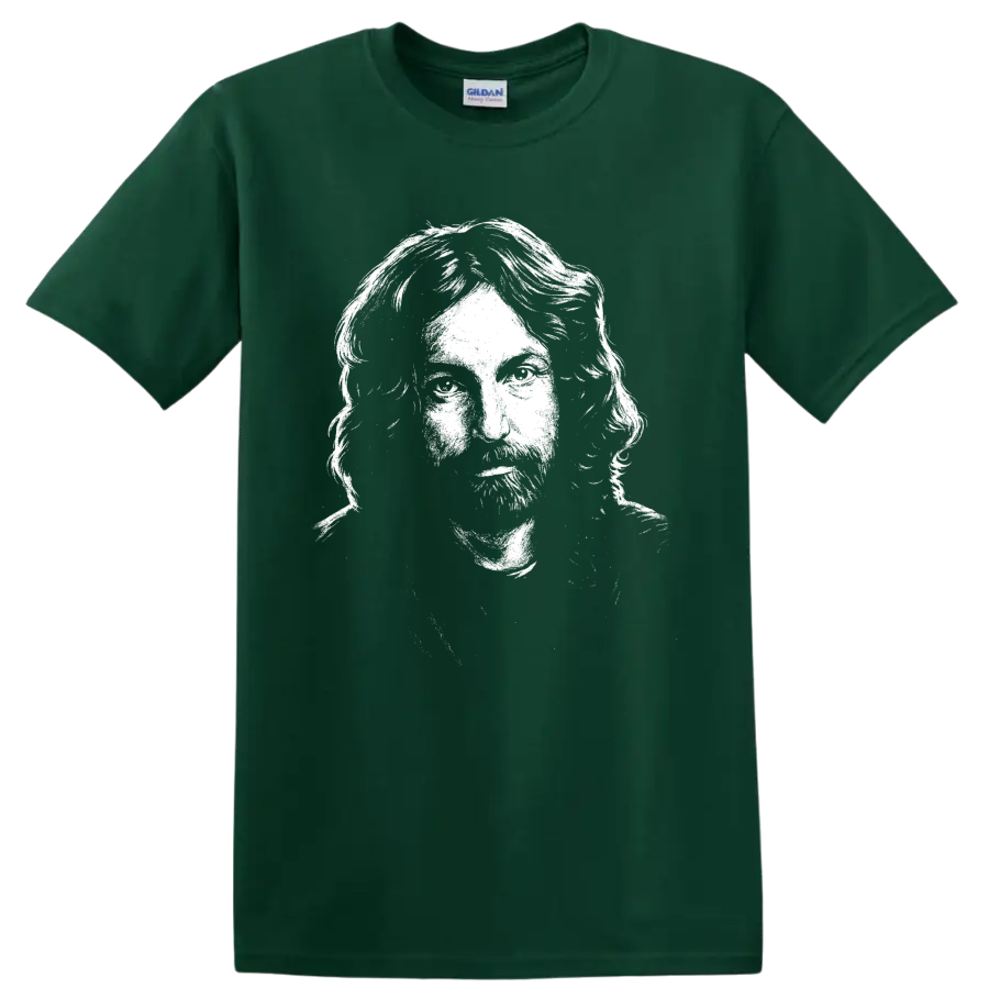 High-contrast Nick Mason portrait in bold monochrome classic rock graphic style on a Forest Green T Shirt
