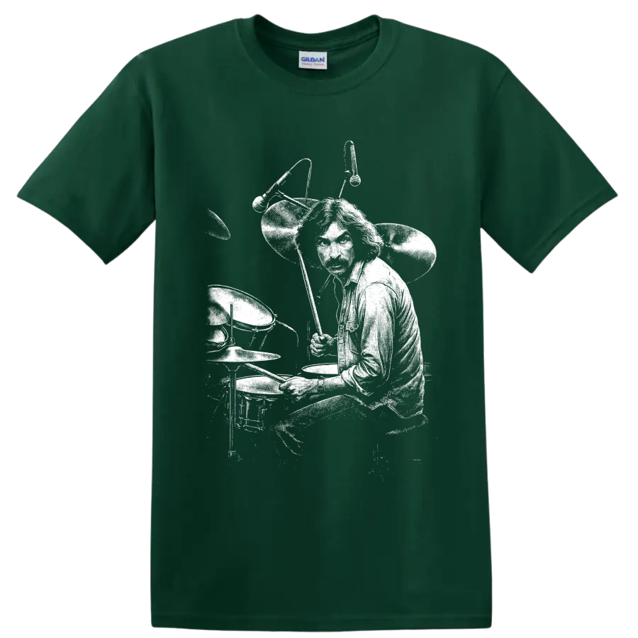 High-contrast Nick Mason Pink Floyd drummer illustration behind a full drum kit on a Forest Green T Shirt