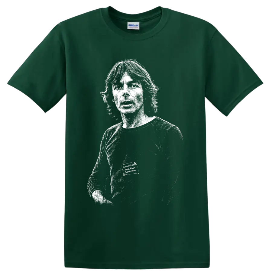 High-contrast Richard Wright portrait playing keyboard in a monochrome music tribute on a Forest Green T Shirt