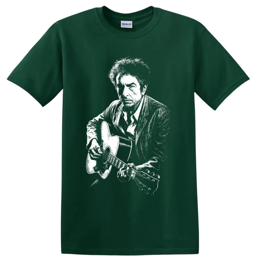 Bob Dylan guitar portrait in bold high-contrast monochrome graphic style on a Forest Green T Shirt