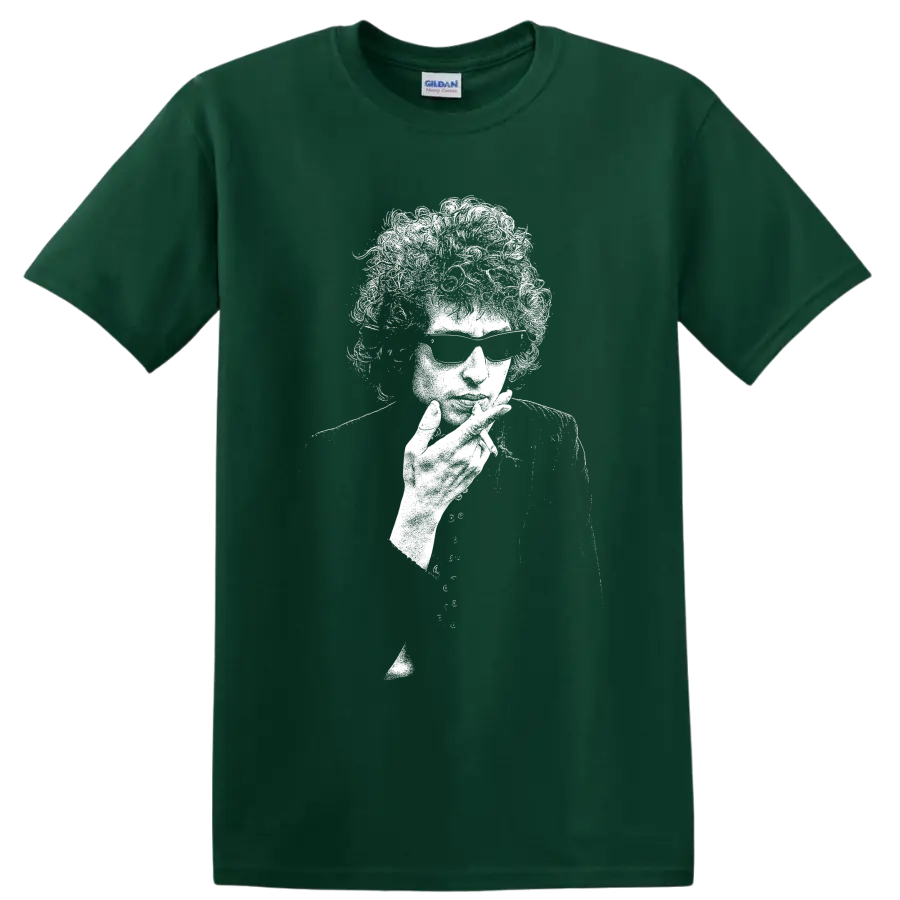 High-contrast Bob Dylan portrait in a bold black-and-white graphic style on a Forest Green T Shirt