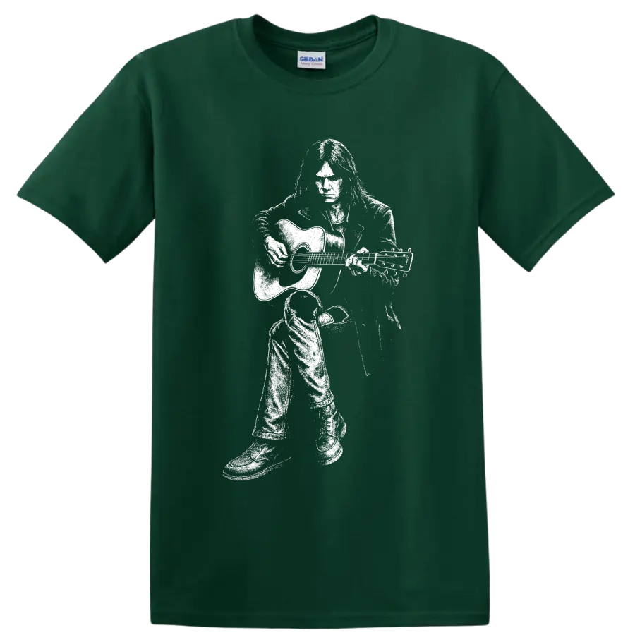 High-contrast white Neil Young guitarist silhouette in a bold classic rock style on a Forest Green T Shirt