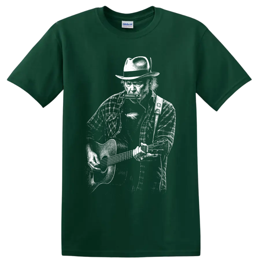 Neil Young guitarist portrait in bold black-and-white ink illustration style on a Forest Green T Shirt