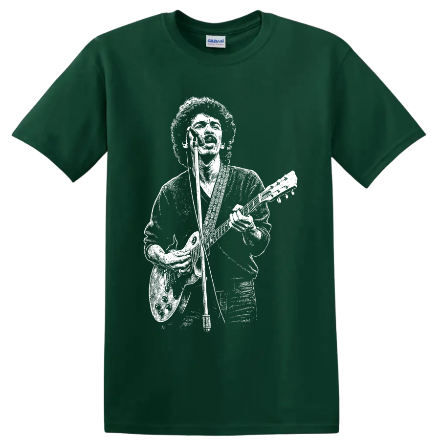 Carlos Santana seated guitarist portrait in high-contrast monochrome illustration on a Forest Green T Shirt