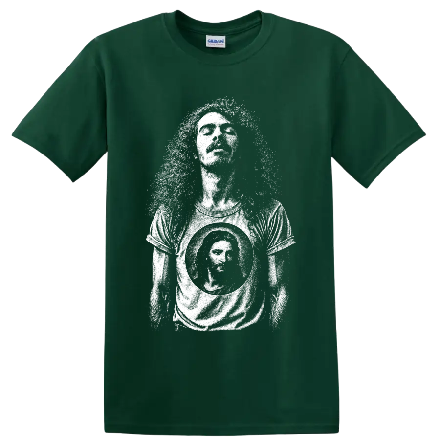 Carlos Santana guitarist silhouette graphic in a bold minimalist concert style on a Forest Green T Shirt