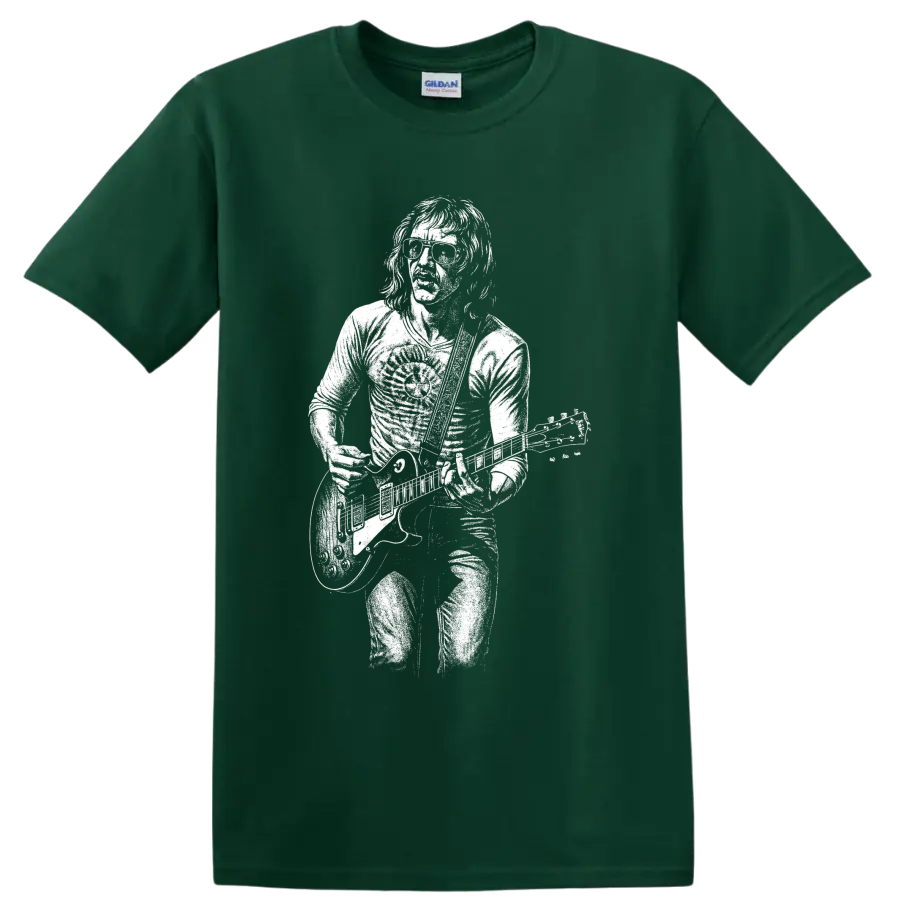 Mick Taylor guitar portrait in bold monochrome rock poster style on a Forest Green T Shirt