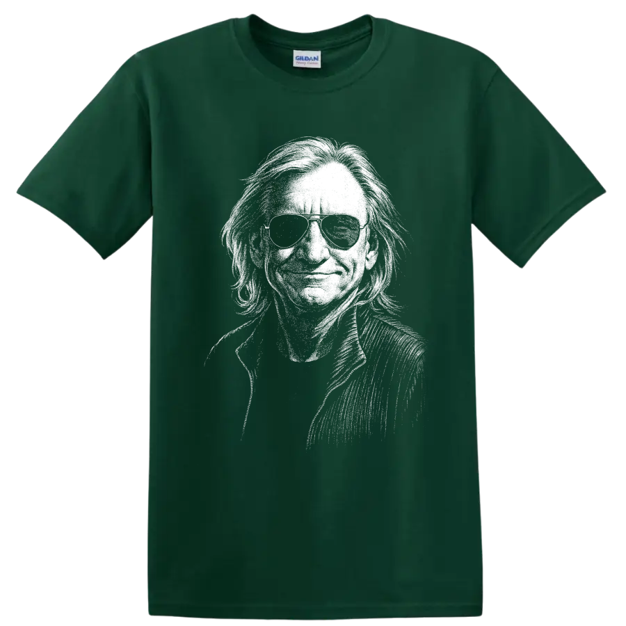 High-contrast monochrome Joe Walsh guitarist portrait holding a guitar on a Forest Green T Shirt