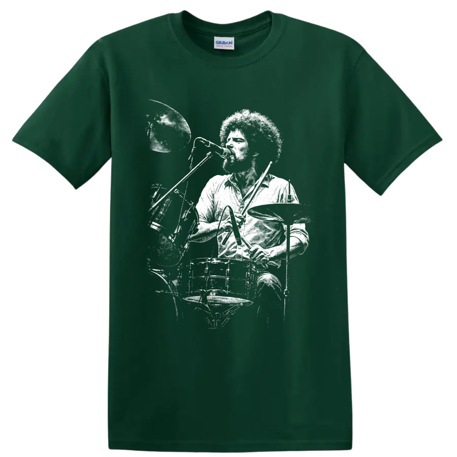 High-contrast Don Henley Eagles singer and drummer portrait graphic on a Forest Green T Shirt