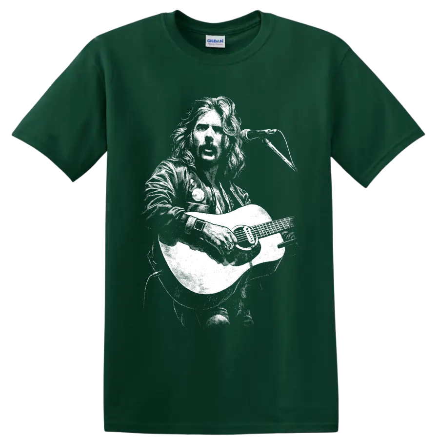 Glenn Frey guitarist portrait in high-contrast monochrome rock art on a Forest Green T Shirt