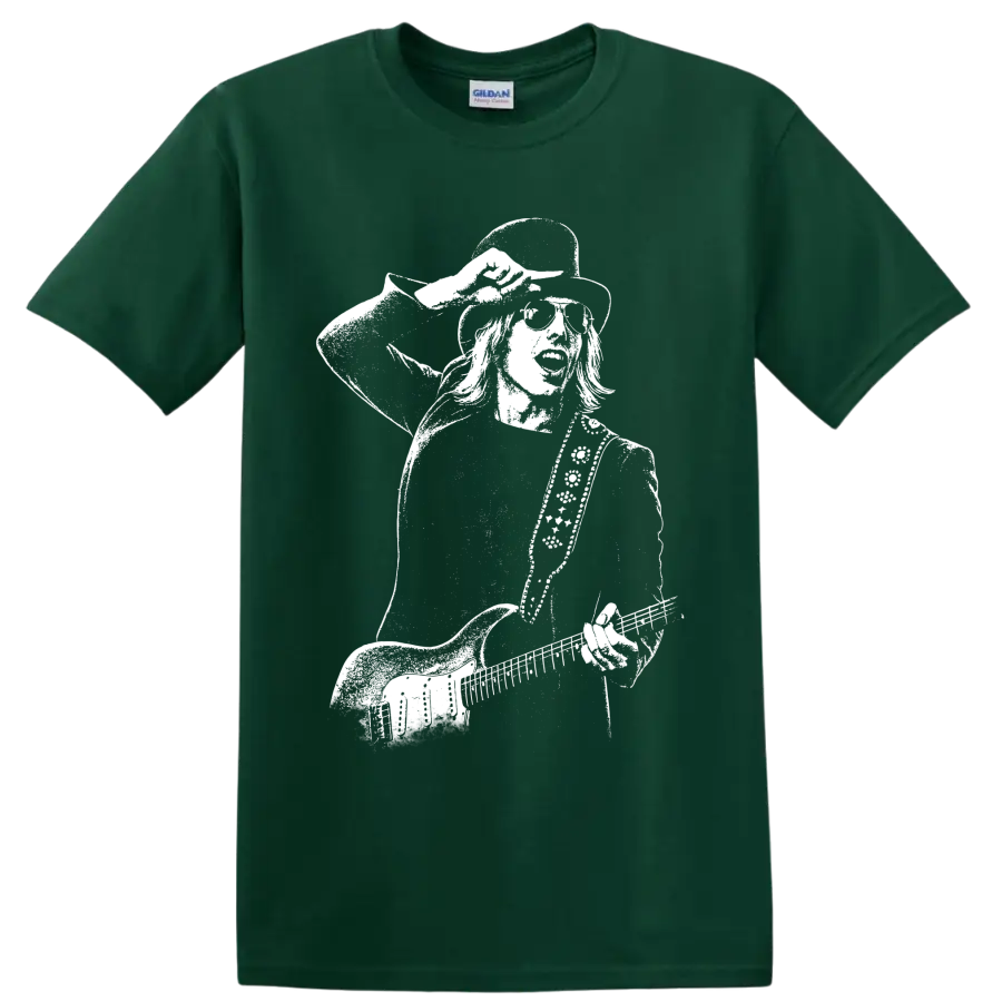 Tom Petty guitar portrait in high-contrast black-and-white vintage rock style on a Forest Green T Shirt