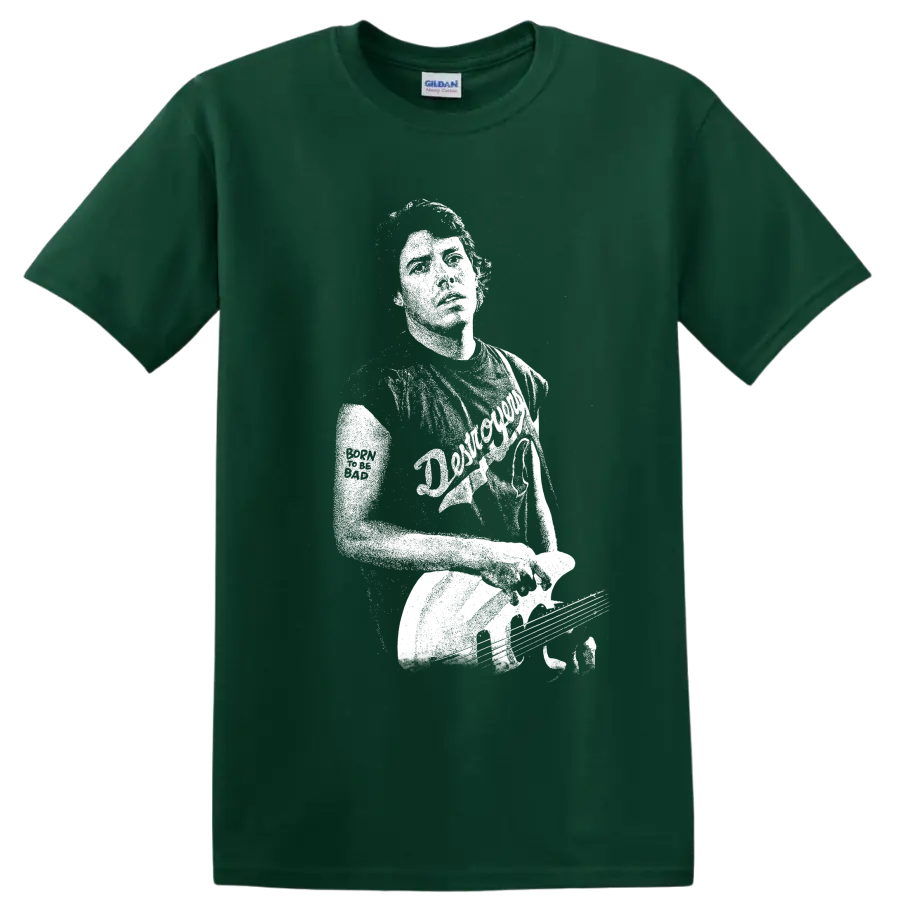 Distressed George Thorogood guitarist portrait in high-contrast rock poster style on a Forest Green T Shirt