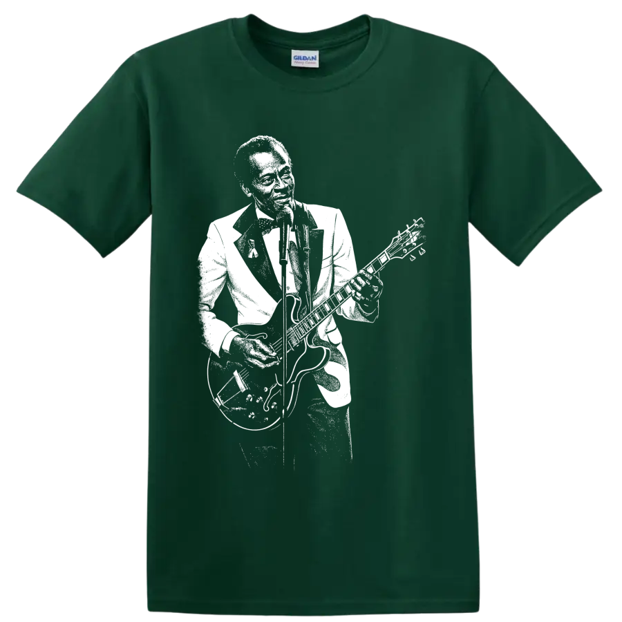 Chuck Berry playing guitar in a bold vintage-inspired white silhouette graphic on a Forest Green T Shirt