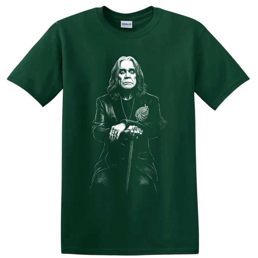 Ozzy Osbourne Black Sabbath inspired monochrome singer portrait illustration on a Forest Green T Shirt