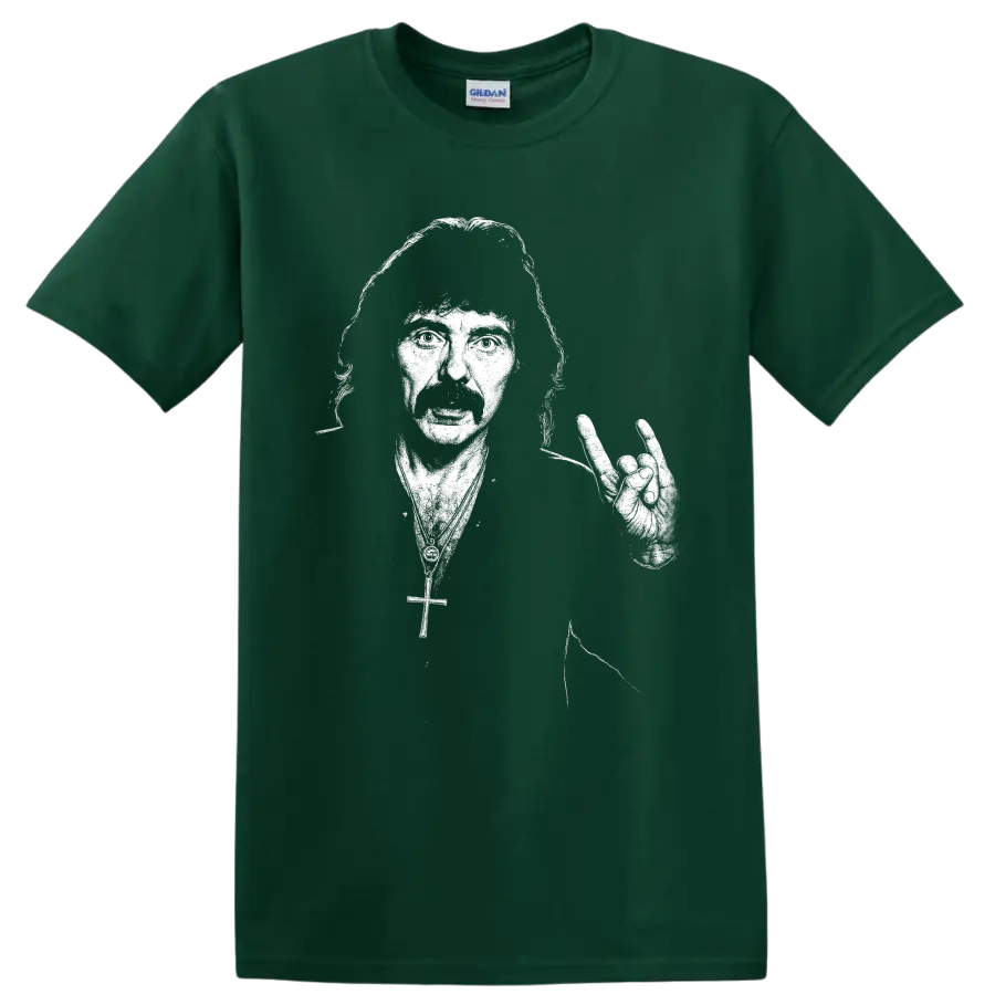 Tony Iommi Black Sabbath guitarist silhouette with electric guitar on a Forest Green T Shirt
