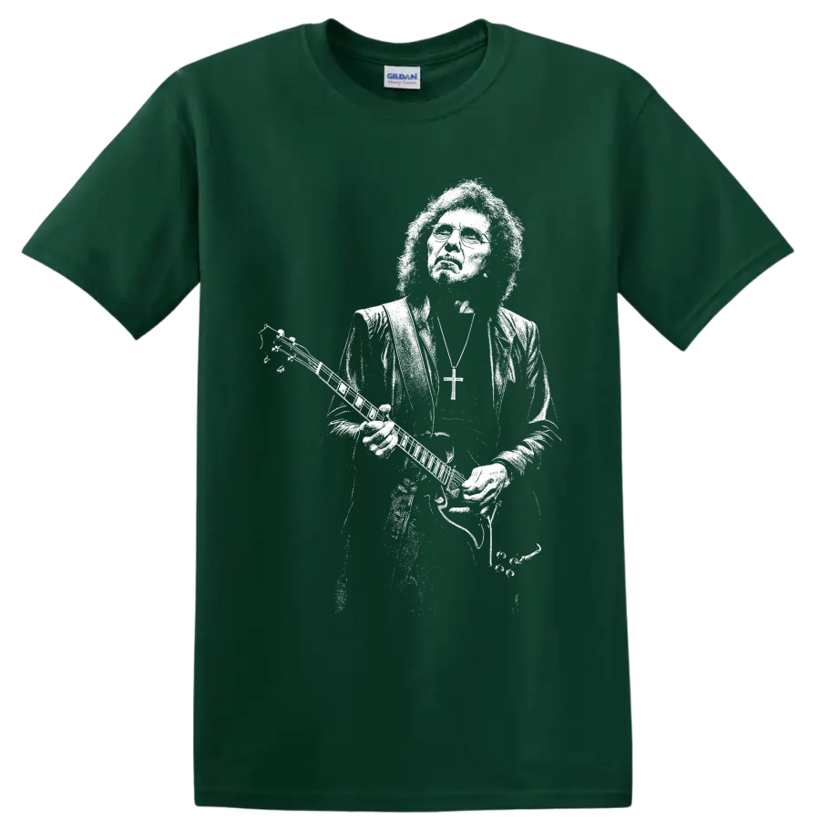 Tony Iommi holding guitar in bold monochrome Black Sabbath-inspired portrait art on a Forest Green T Shirt