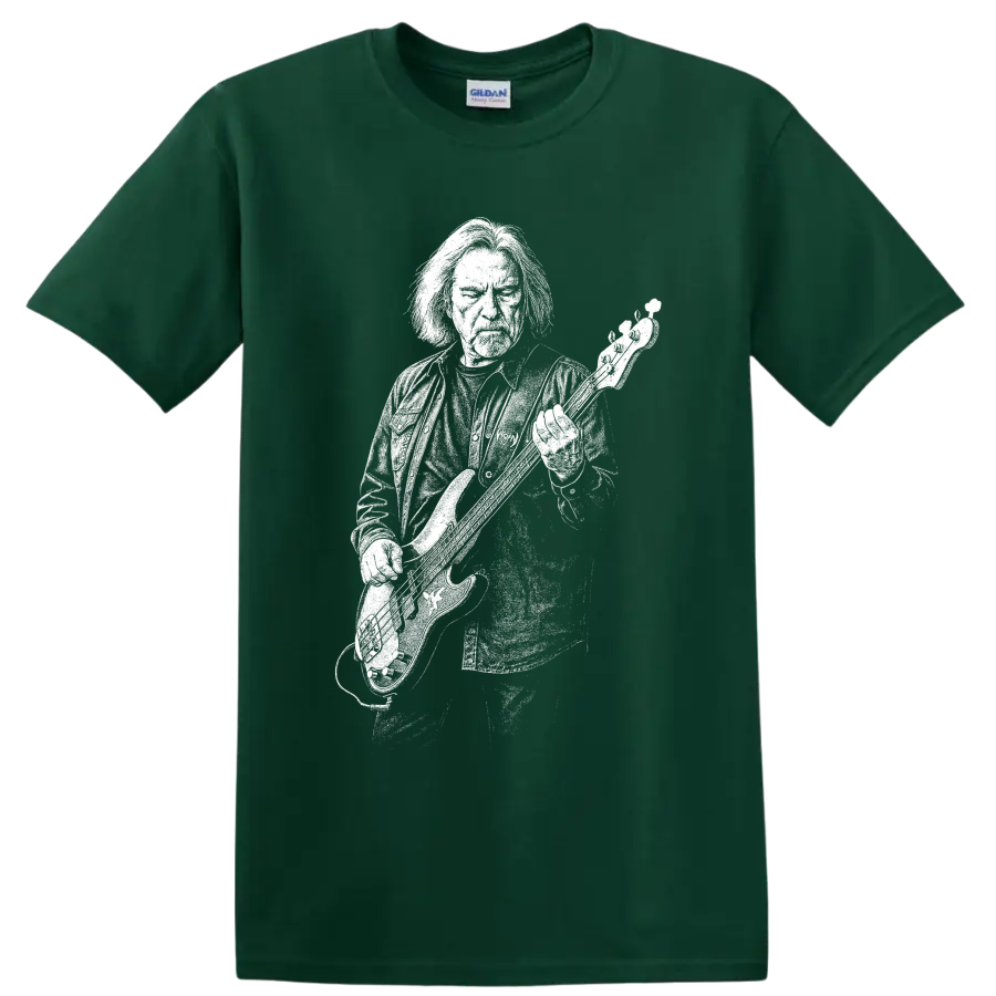 Monochrome Geezer Butler bass guitar performance silhouette graphic on a Forest Green T Shirt