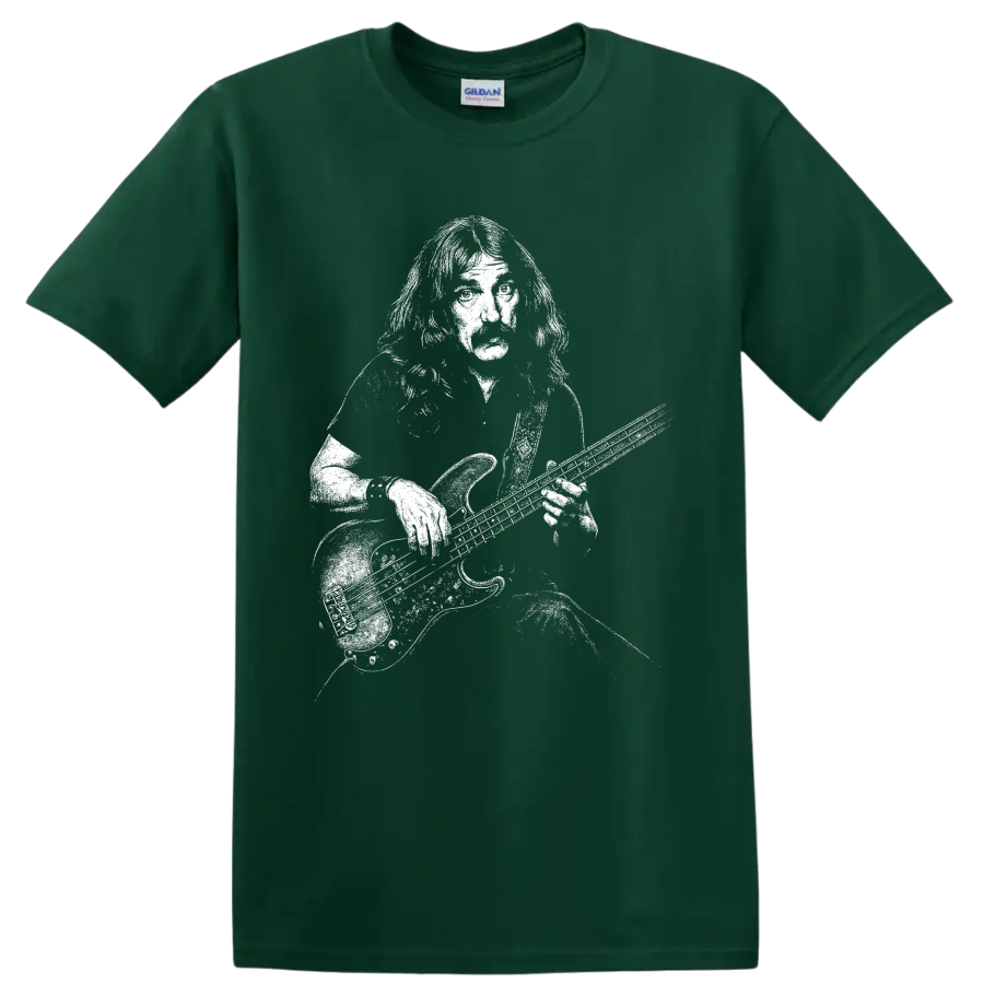 Geezer Butler Black Sabbath bassist portrait in bold black-and-white rock art on a Forest Green T Shirt