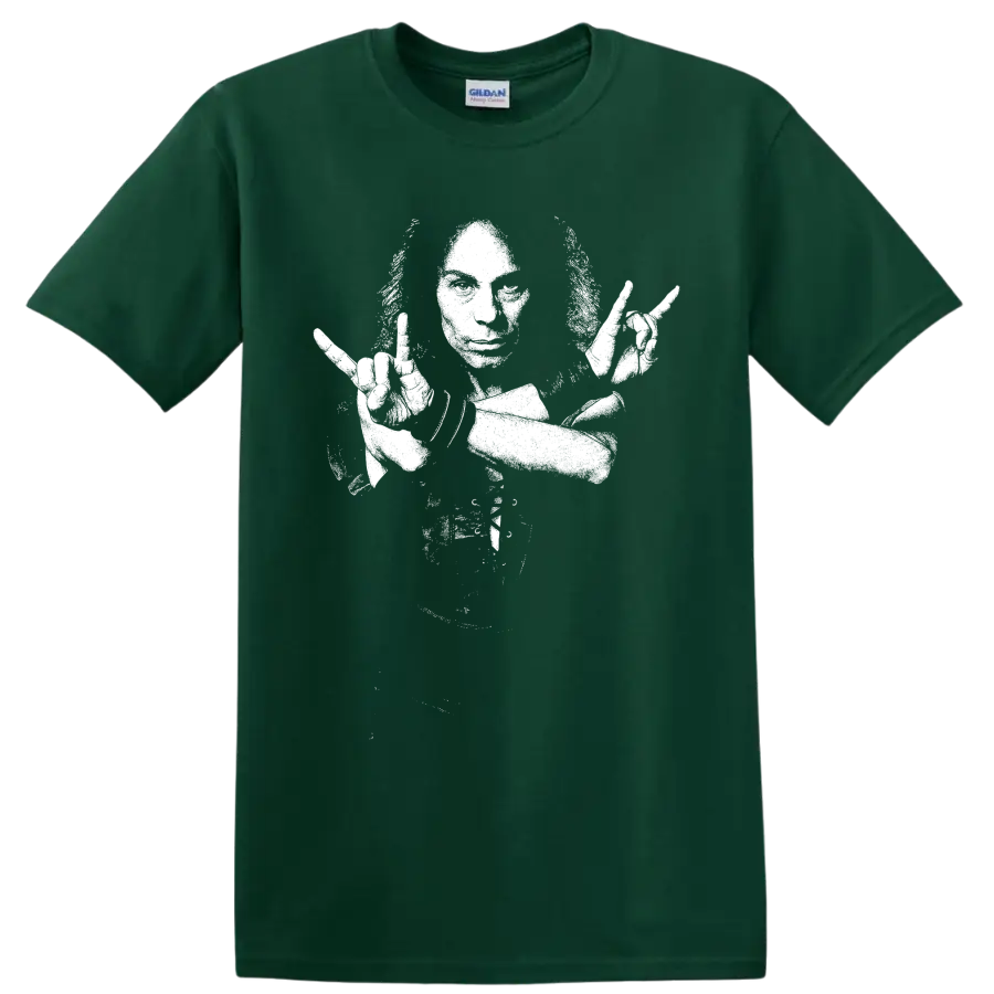 White high-contrast Ronnie James Dio fantasy-inspired heavy metal illustration on a Forest Green T Shirt