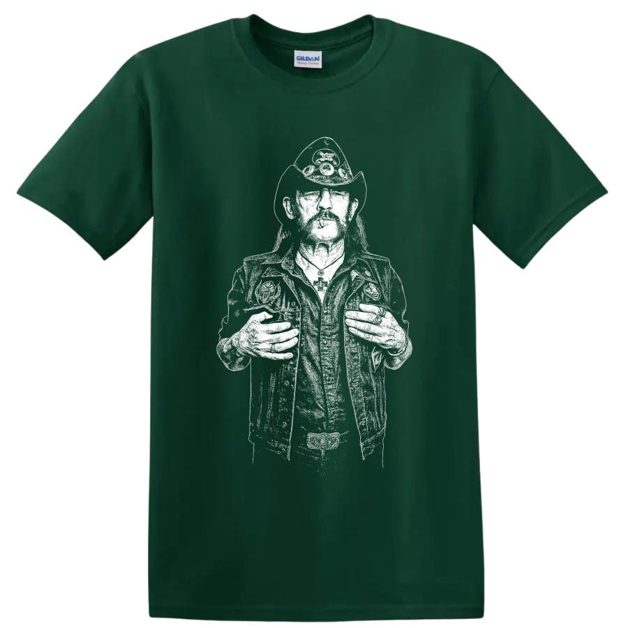 Monochrome Lemmy Kilmister portrait in a bold high-contrast graphic style on a Forest Green T Shirt