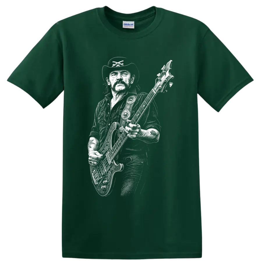 White Lemmy Kilmister silhouette with bass guitar and microphone rock tribute artwork on a Forest Green T Shirt
