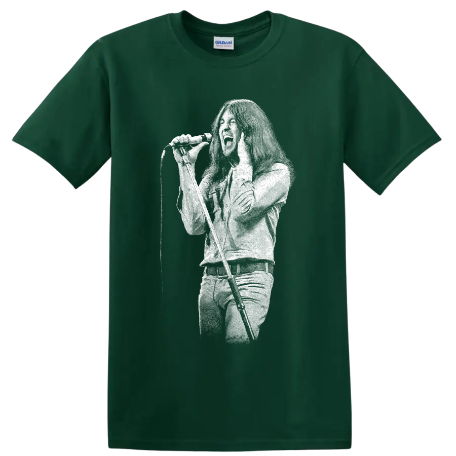Ian Gillan singing into microphone in bold white silhouette rock portrait on a Forest Green T Shirt