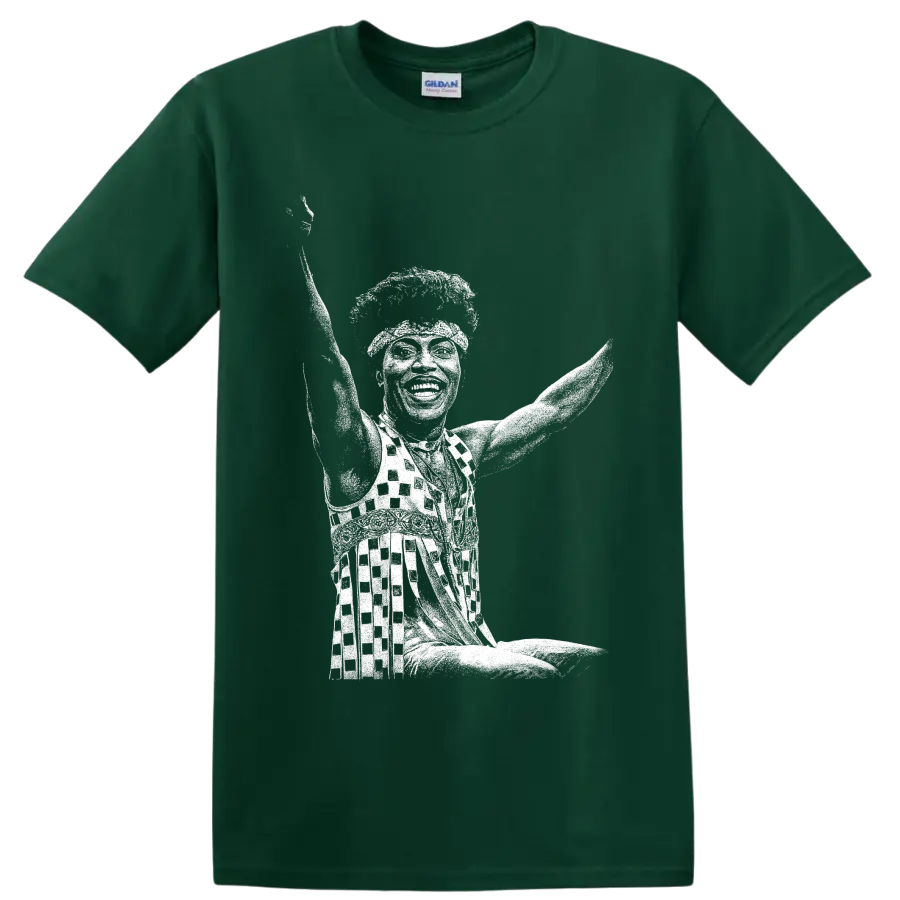 White Little Richard piano performance silhouette in bold high-contrast graphic style on a Forest Green T Shirt