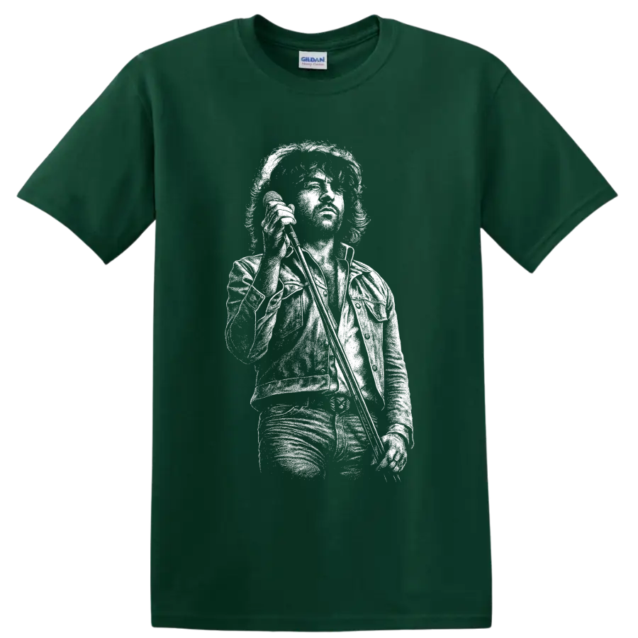 High-contrast Ian Gillan portrait in a monochrome classic rock illustration on a Forest Green T Shirt