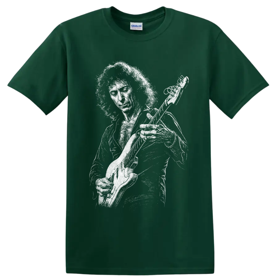 High-contrast Ritchie Blackmore guitarist portrait with electric guitar on a Forest Green T Shirt