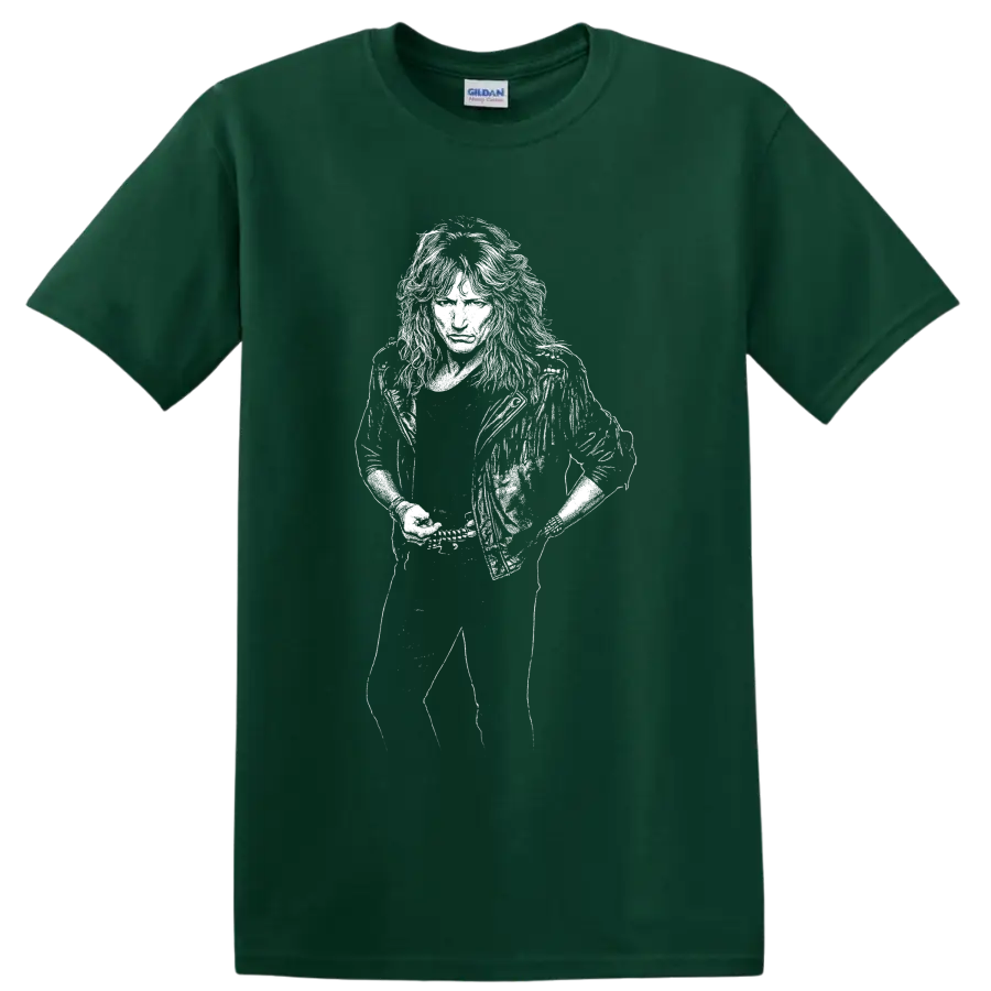 High-contrast monochrome portrait of David Coverdale performing on a Forest Green T Shirt