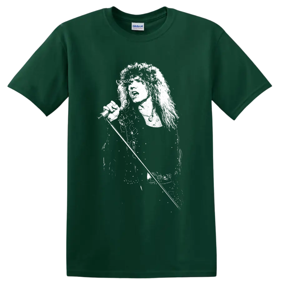High-contrast David Coverdale portrait in a dramatic monochrome rock art style on a Forest Green T Shirt