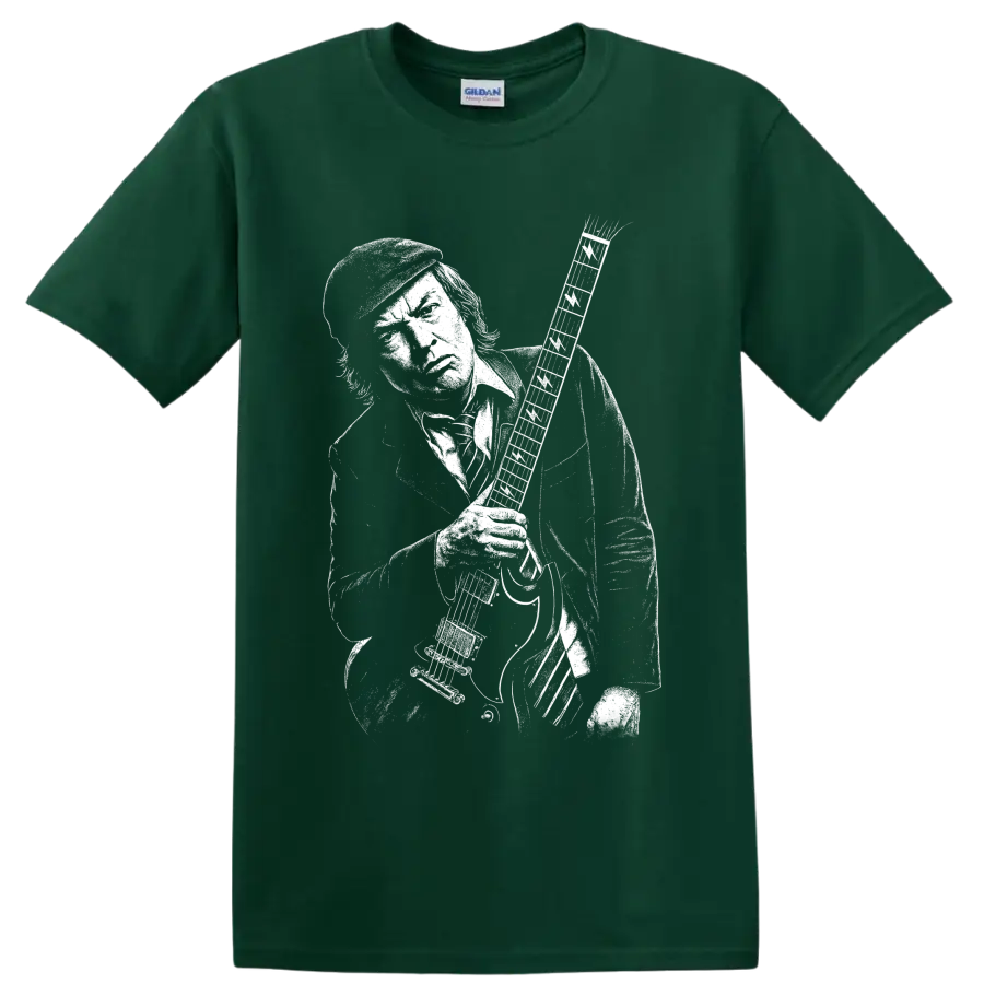 Angus Young AC/DC guitarist black-and-white portrait with electric guitar on a Forest Green T Shirt