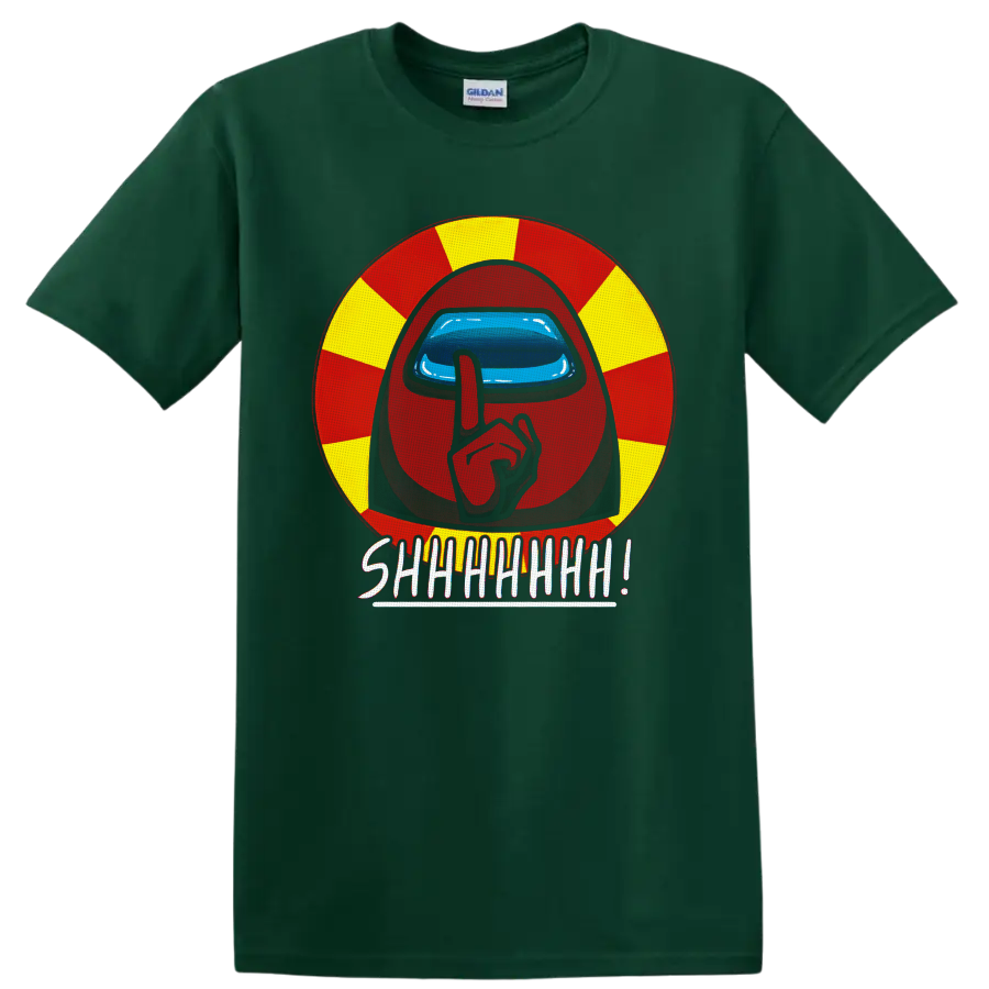 Among Us Red Crewmate shushing in red and yellow circle with SHHHHHH lettering on a Forest Green T Shirt