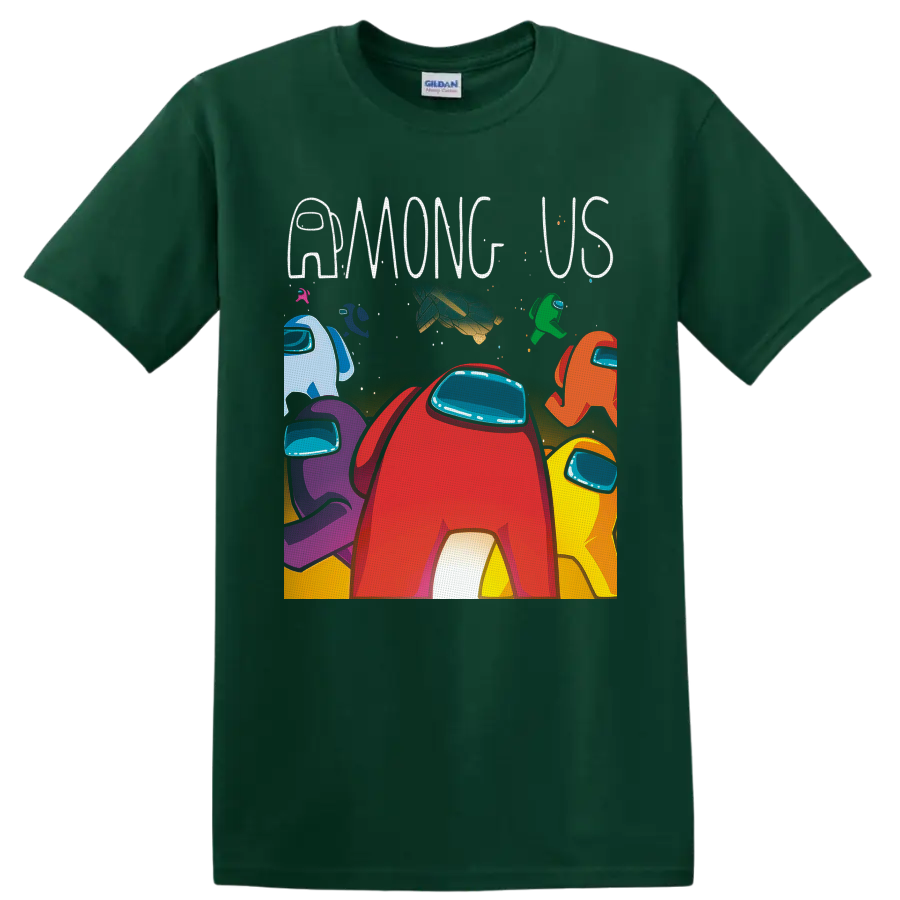 Colorful Among Us Crewmates graphic with red character, stars, spacecraft, and AMONG US on a Forest Green T Shirt