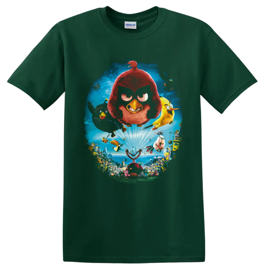 Angry Birds island adventure with flying birds, giant slingshot, and colorful village on a Forest Green T Shirt