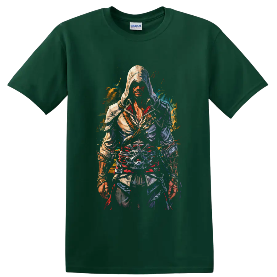 Bayek Assassin's Creed hooded warrior in vivid painterly action art on a Forest Green T Shirt