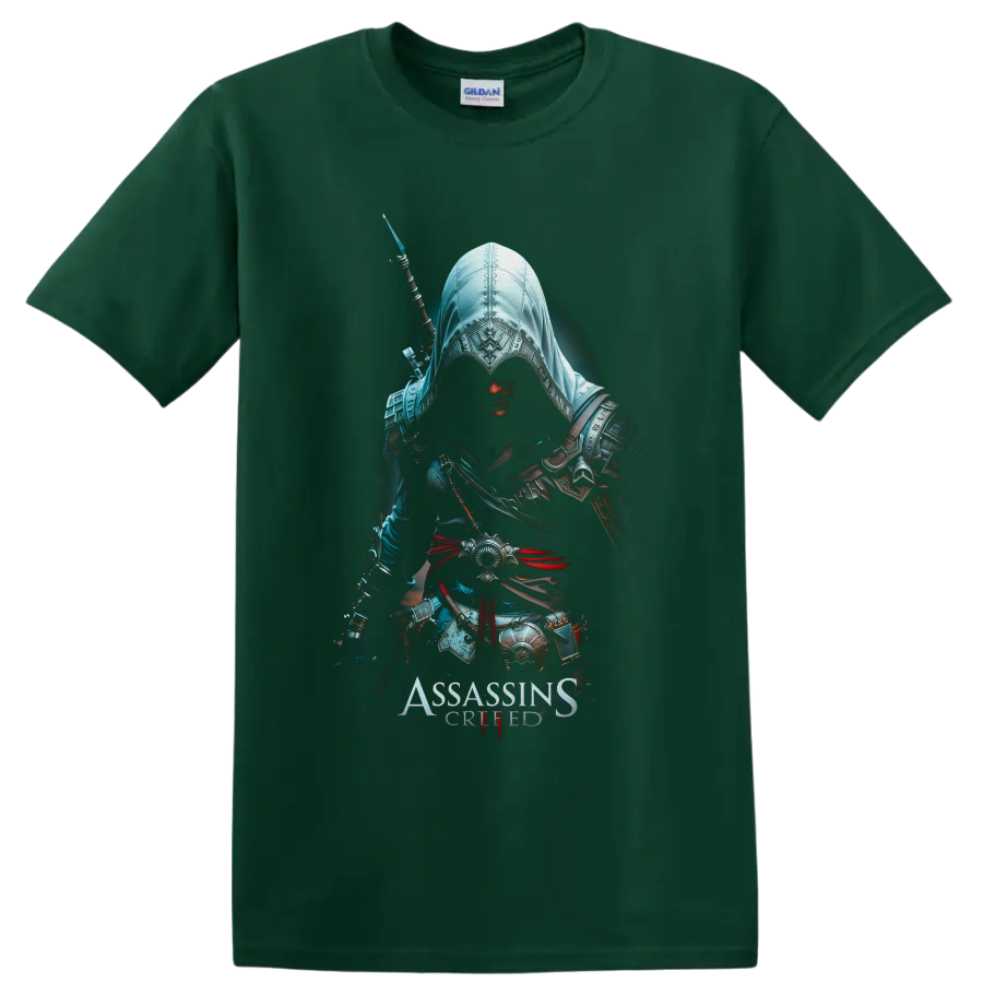 Assassin's Creed hooded Assassin warrior with ornate armor, sword, and red sash on a Forest Green T Shirt