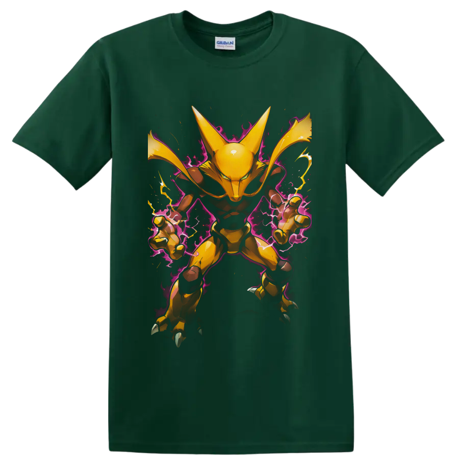 Alakazam in golden anime style with purple psychic energy and lightning on a Forest Green T Shirt
