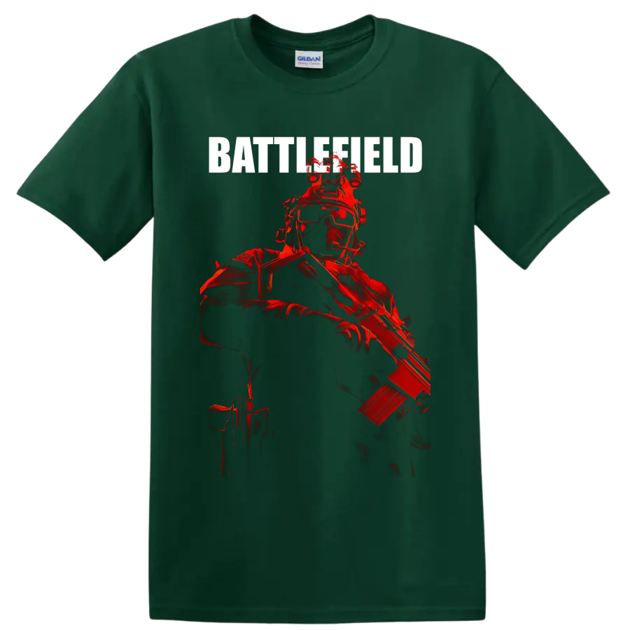 Red tactical Battlefield Soldier illustration with goggles, helmet gear, and rifle on a Forest Green T Shirt