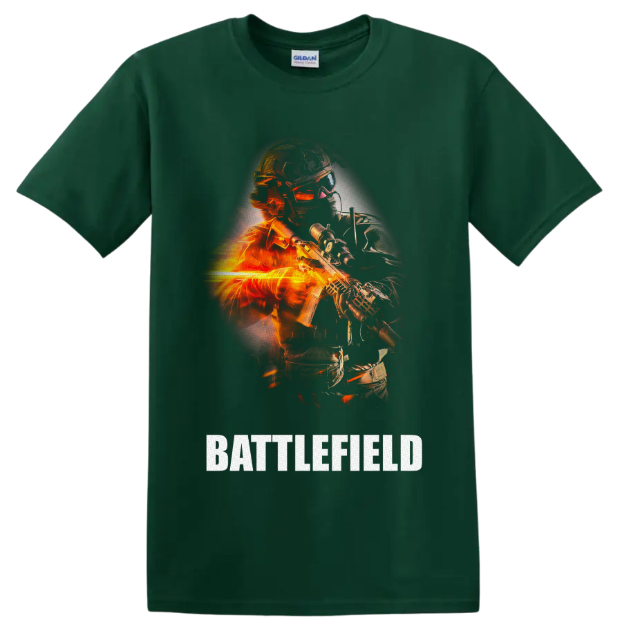 Battlefield Soldier with futuristic rifle, orange fire effects, and BATTLEFIELD text on a Forest Green T Shirt