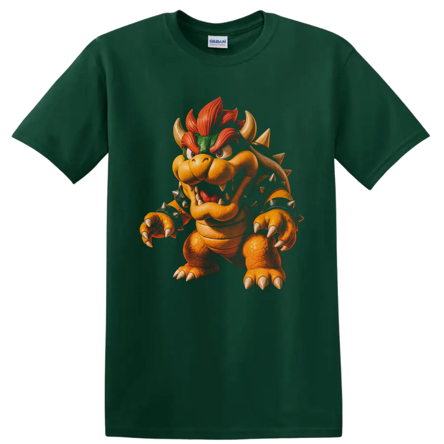 Bowser roaring with spiked shell, horns, claws, and fiery red hair character art on a Forest Green T Shirt