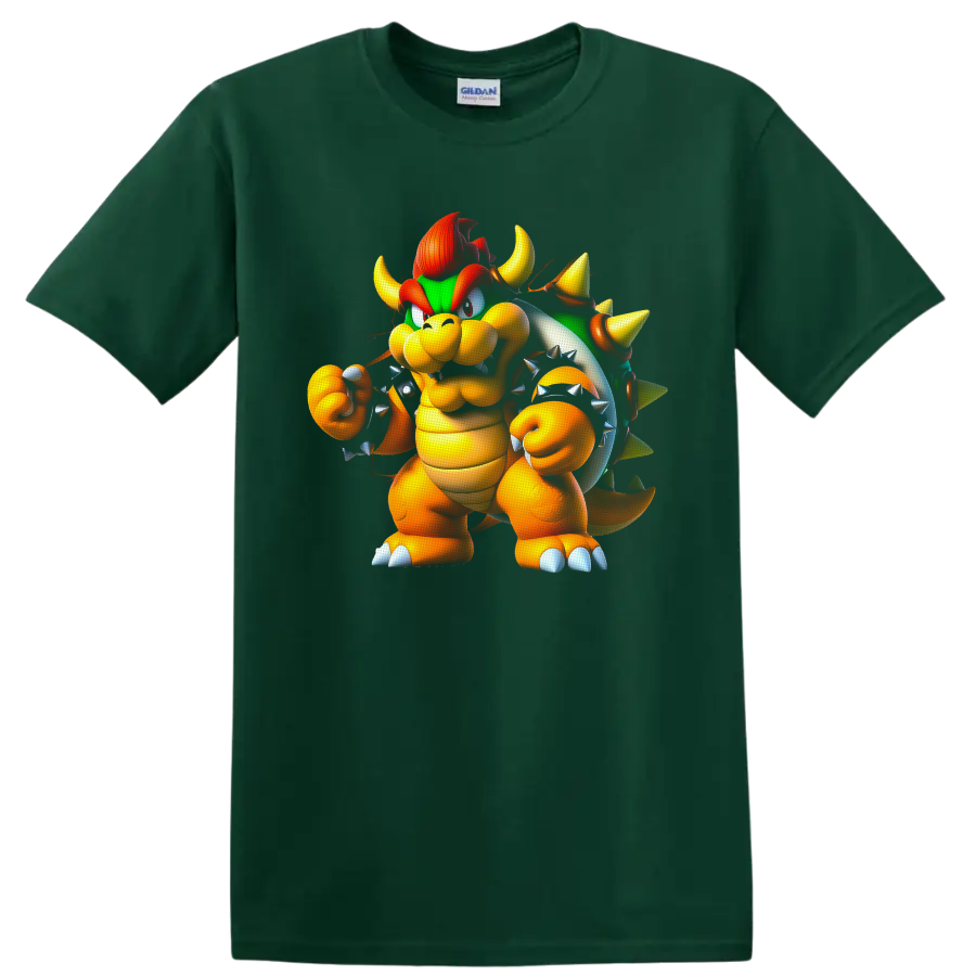 Bowser Super Mario cartoon character with green spiked shell and raised fist on a Forest Green T Shirt