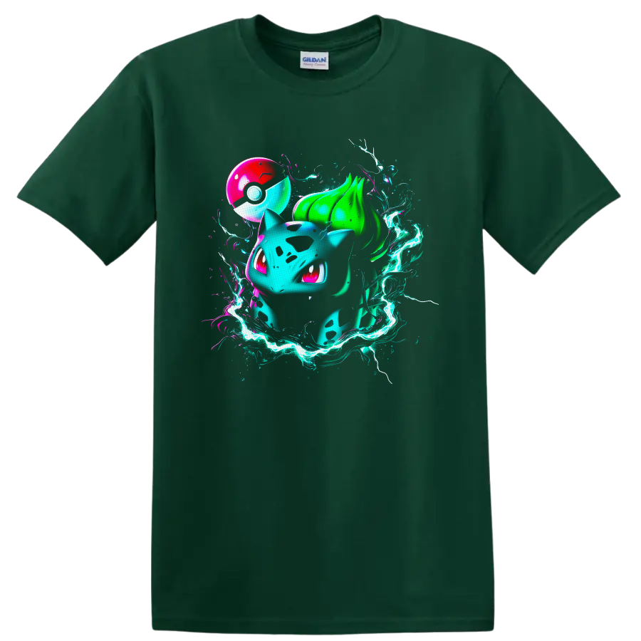 Neon Bulbasaur with glowing energy ribbons and a red-and-white orb on a Forest Green T Shirt