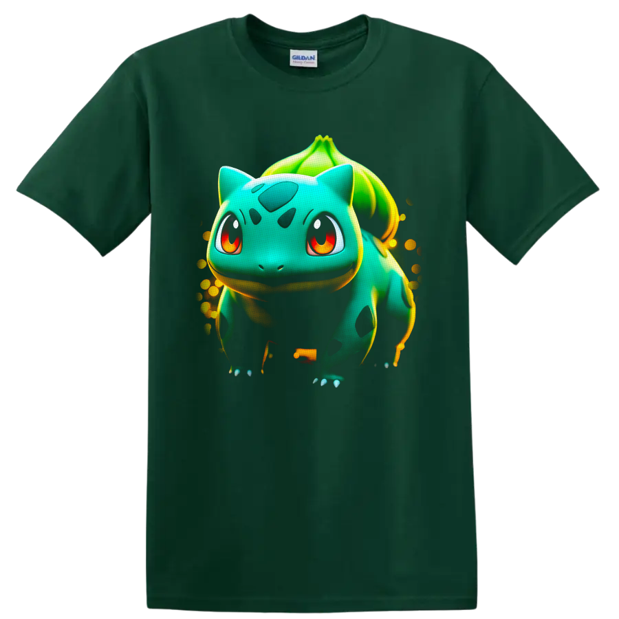 Bulbasaur Pokémon glowing seed creature portrait with leafy bulb and golden speckles on a Forest Green T Shirt