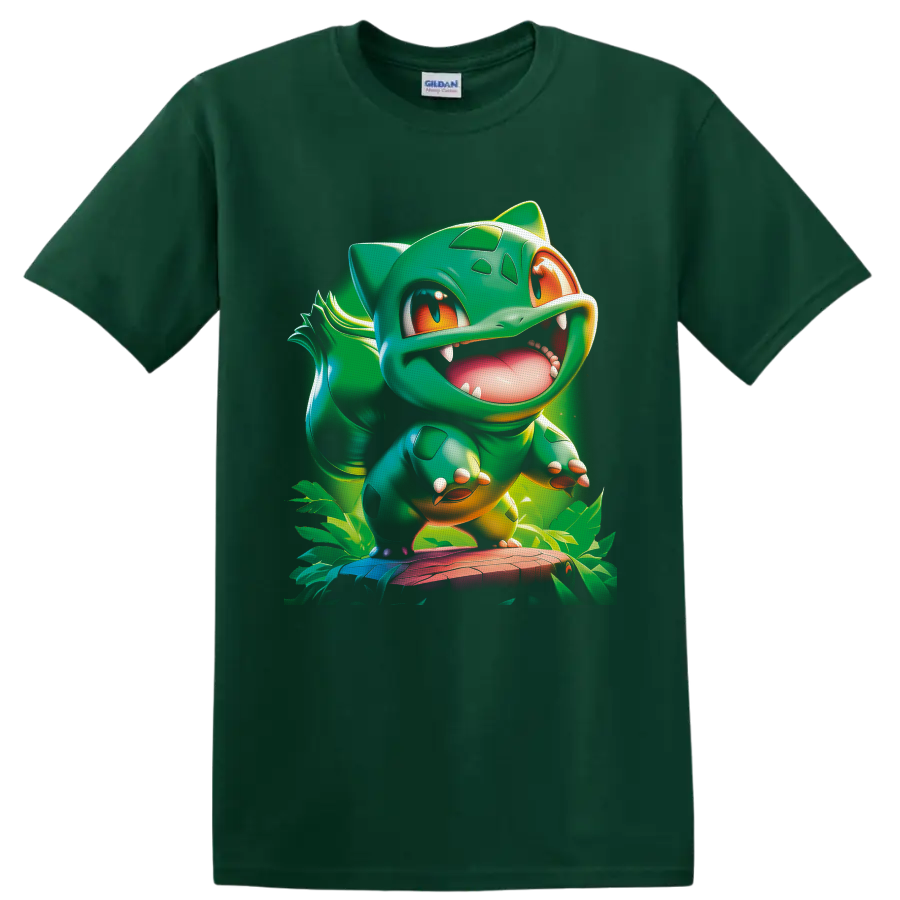 Bulbasaur Pokémon character in glossy jungle cartoon art with tropical leaves on a Forest Green T Shirt